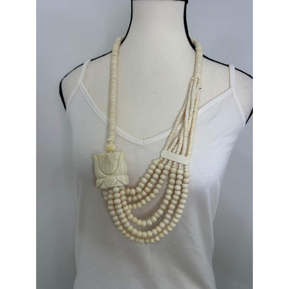 Vintage Asymetrical  Bone‎ Statement Necklace Womens Cream Carved Floral Boho